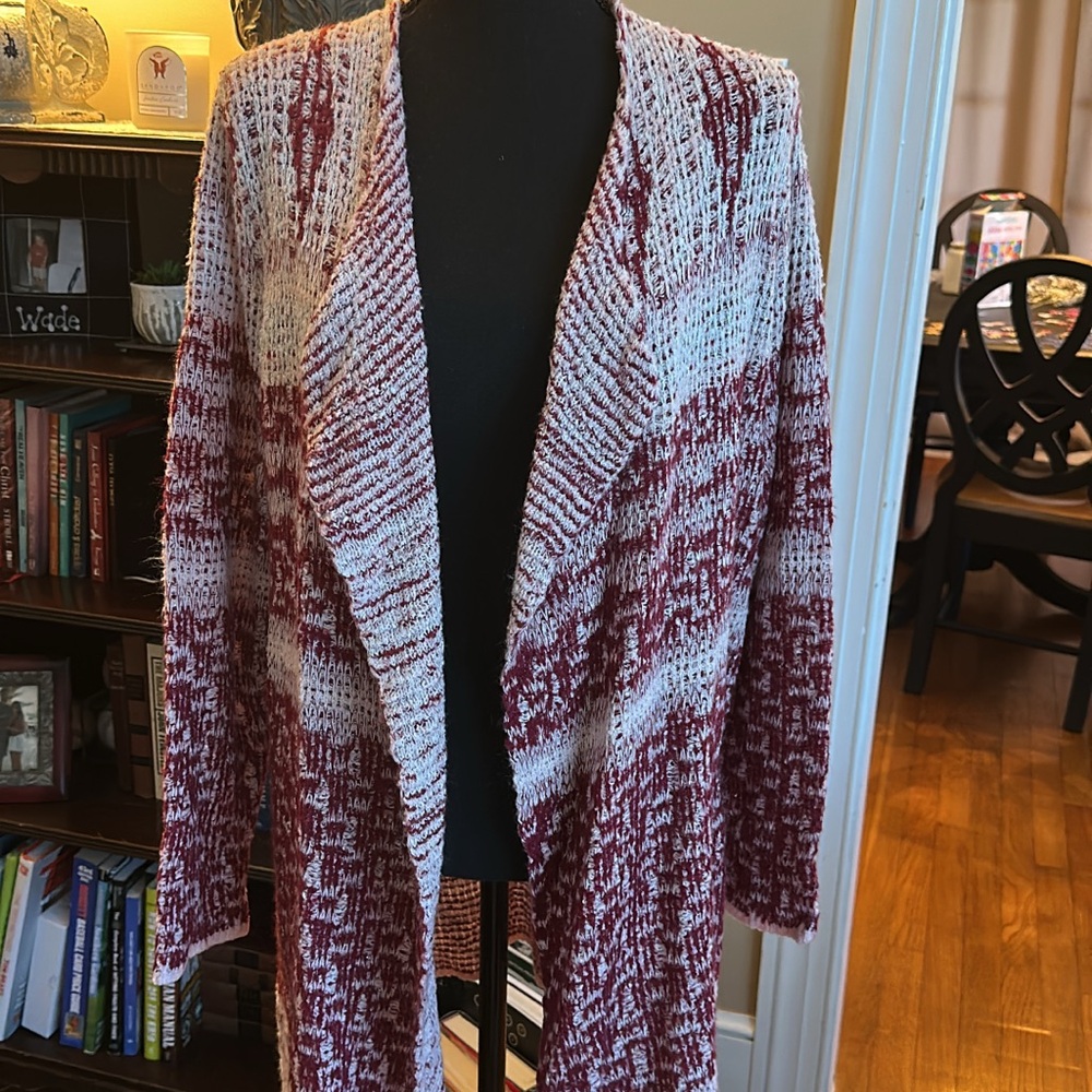 Women's Medium Red and White Knit Cardigan